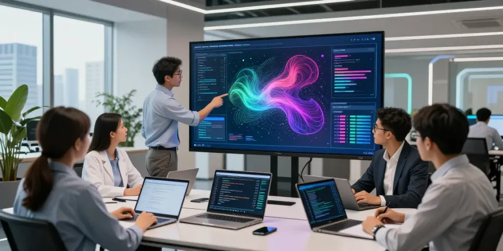 Enterprise AI team collaborating with technology in a modern office setting, showcasing innovative development.