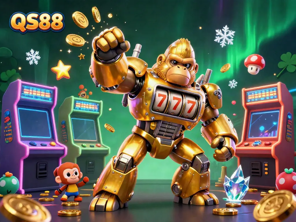 Experience casino excitement with QS88’s golden gorilla mech surrounded by colorful arcade games in a vibrant 3D scene.