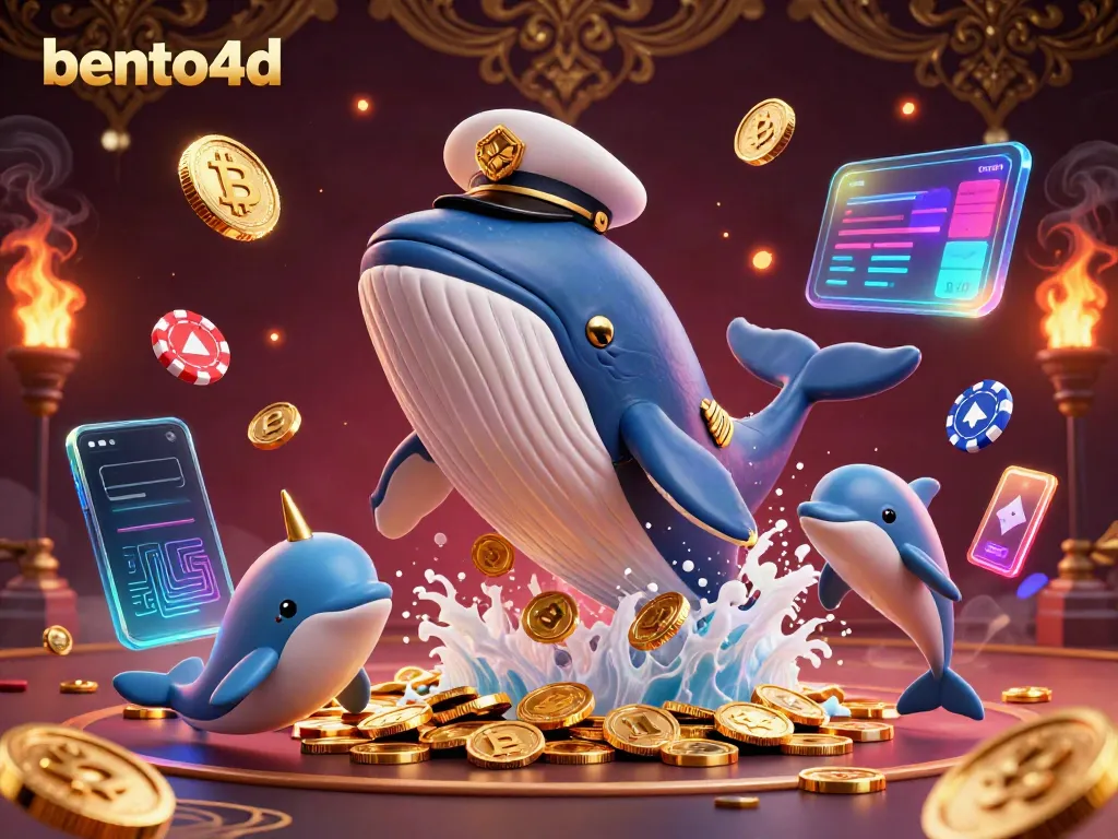 Engage in thrilling games with bento4d, showcasing vibrant whales, coins, and crypto elements in an exciting casino atmosphere.