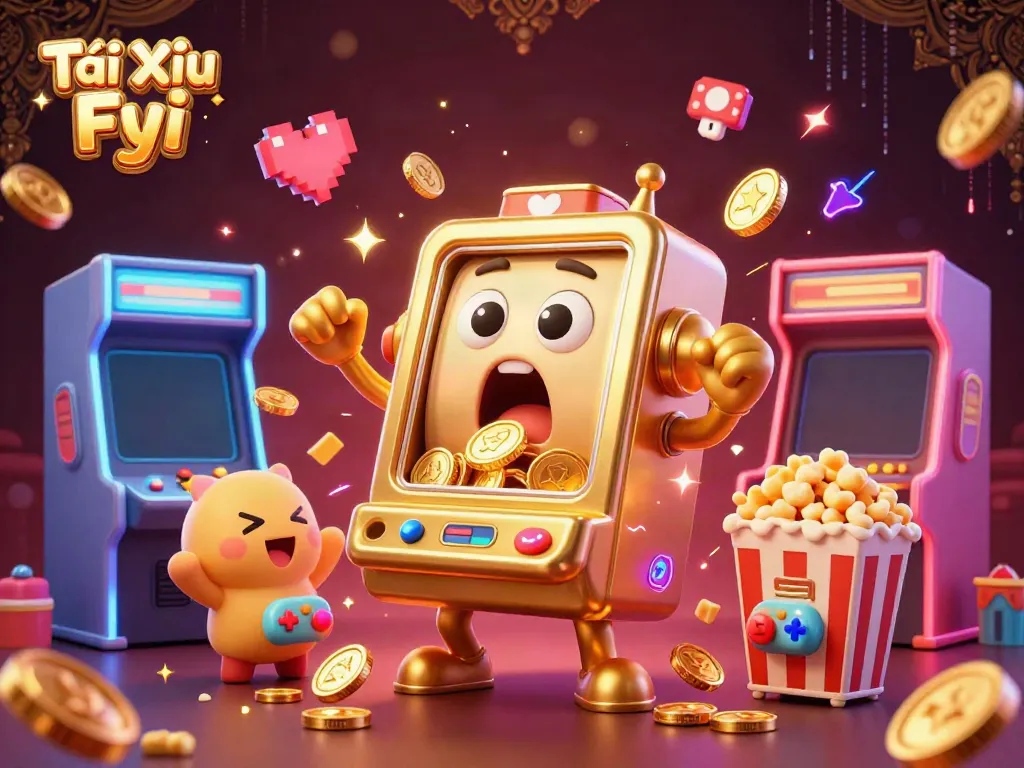 Engage with Tài Xỉu Fyi's thrilling scene featuring a golden slot machine celebrating its jackpot surrounded by cheering machines and game elements.
