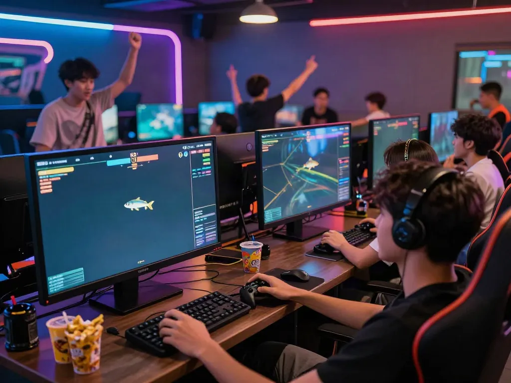 Group enjoying lại là Bắn cá đổi thưởng in a vibrant gaming lounge