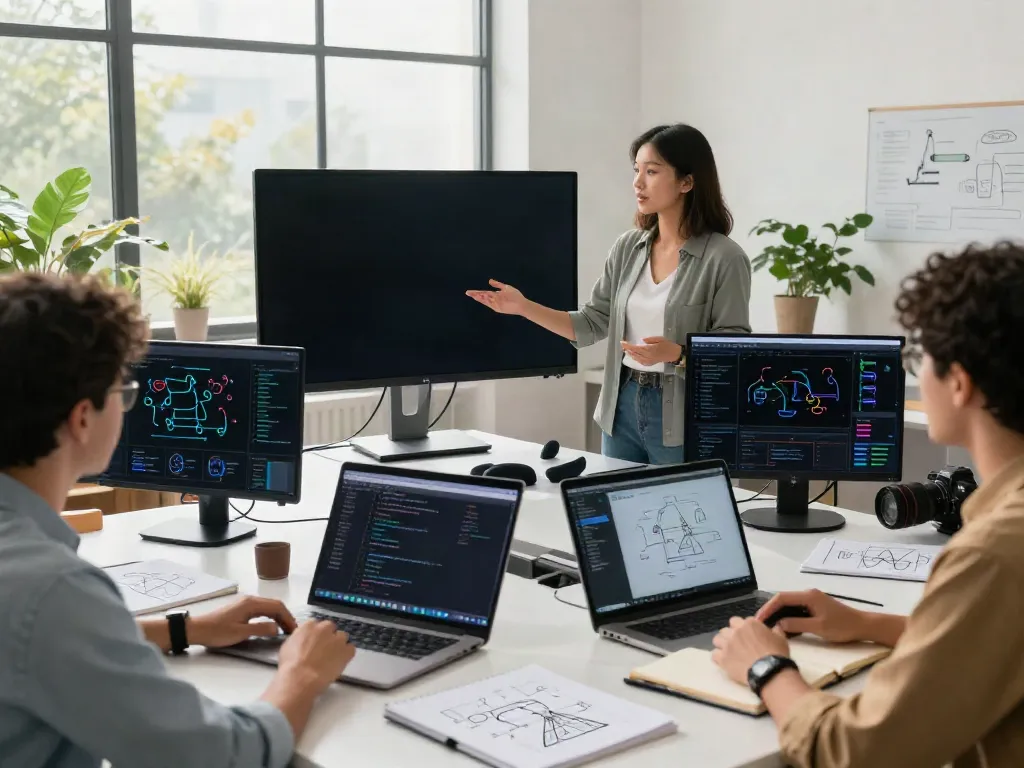 Collaborative team discussing AI infrastructure projects in a modern workspace.