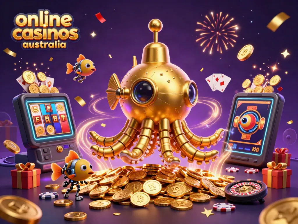 Experience the thrill of online casinos Australia with a vibrant 3D illustration of a kraken submarine amid golden coins.