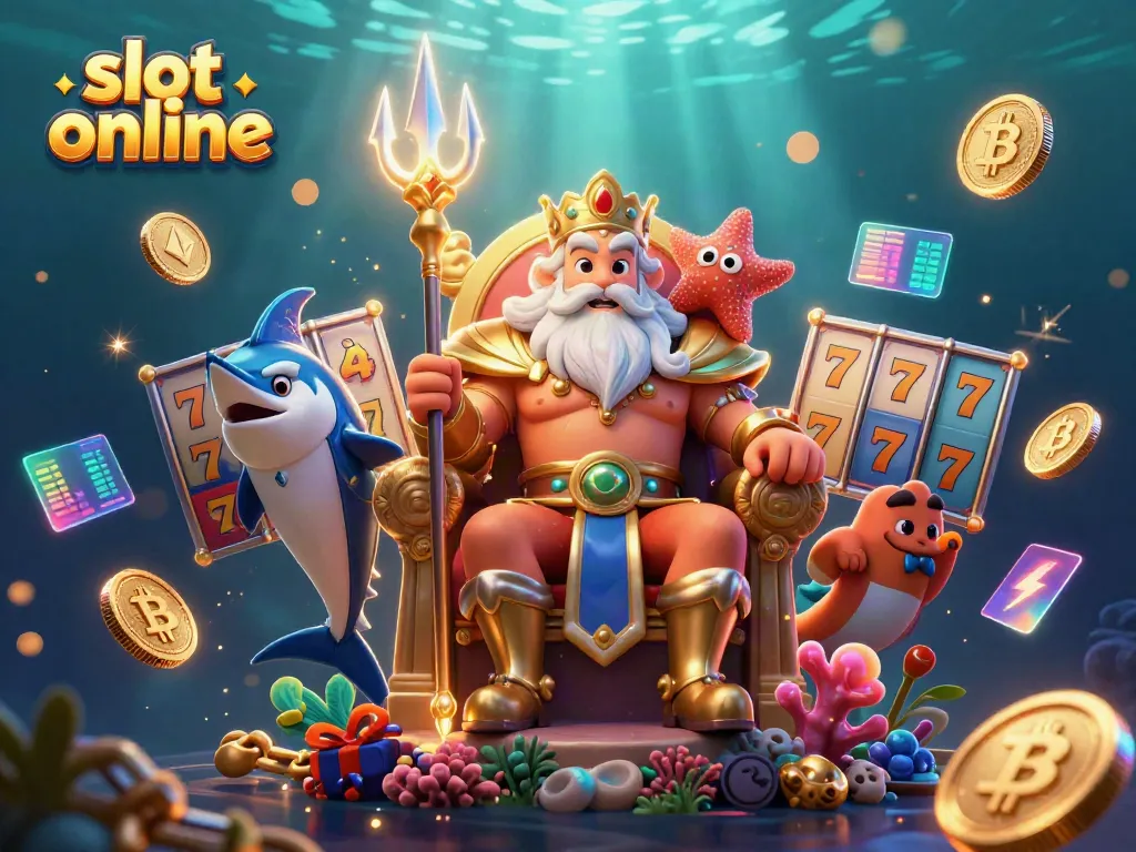 Engage with slot online adventures through a captivating 3D illustration of Neptune and vibrant game elements.