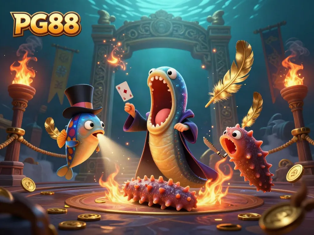 Experience thrilling games at PG88, with cartoon eels and fish amid dynamic casino elements.