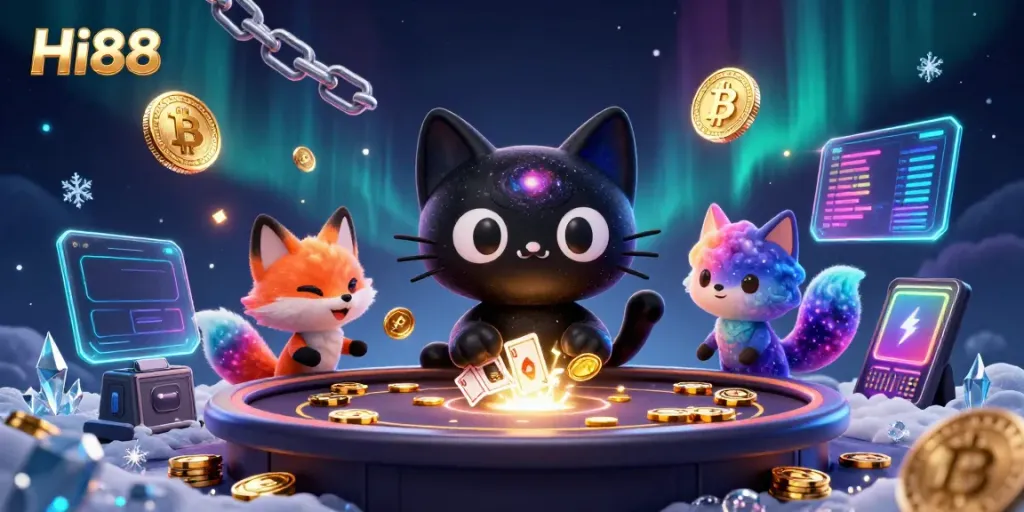 Engage in thrilling gameplay with Hi88’s vibrant cosmic casino world featuring animated characters and dynamic elements.