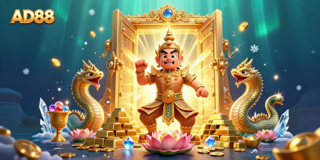 Engage with AD88's thrilling online gaming adventure featuring vibrant 3D characters and treasures.