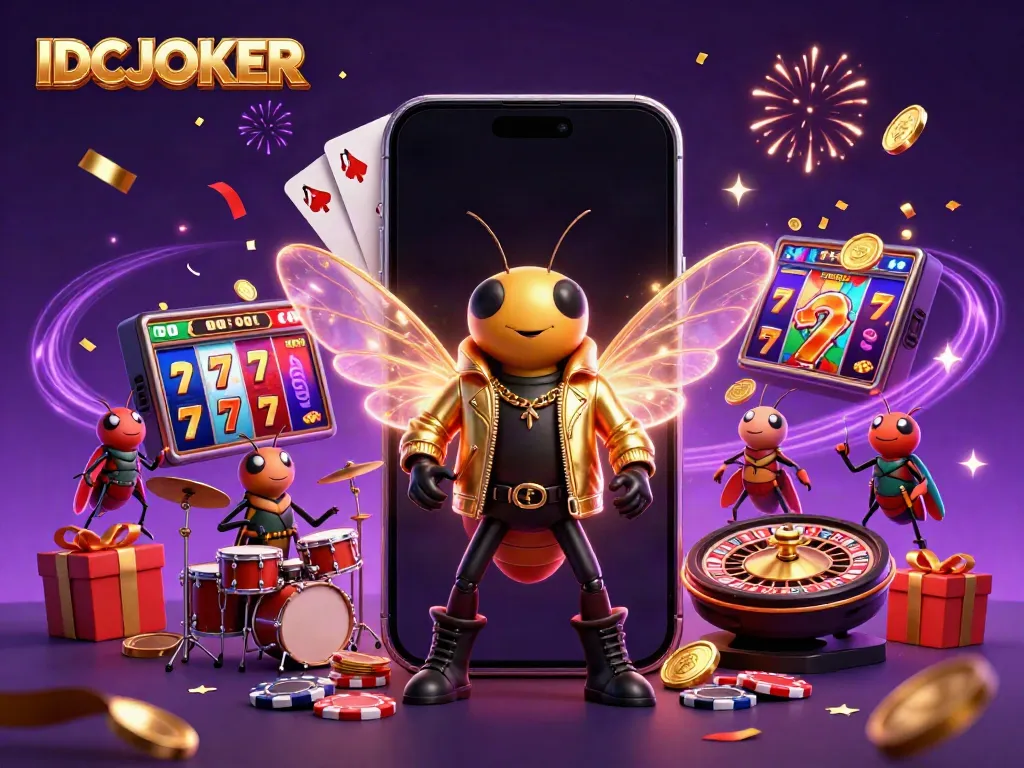 Experience the thrill of IDCJOKER with vibrant casino elements embodied by a cicada rock star and lively backdrop.