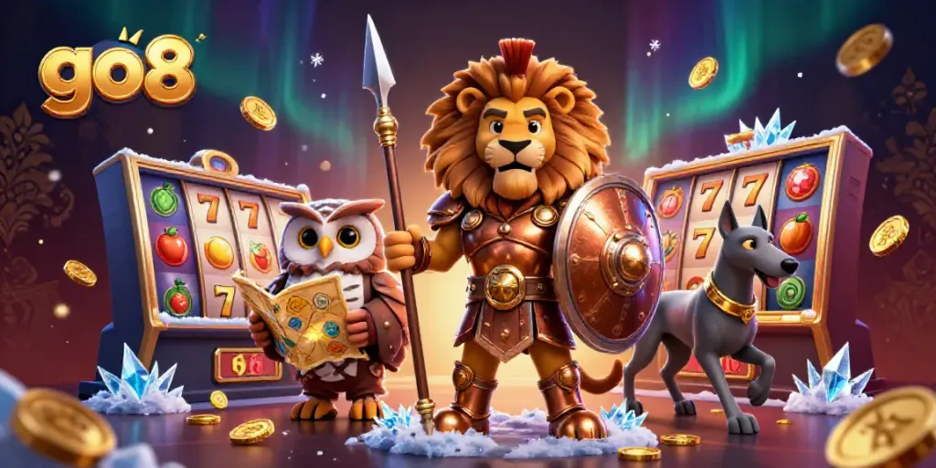 Engage in thrilling slots action with go8, featuring a Spartan lion and dynamic casino elements.