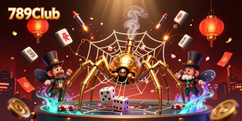 Capture thrilling moments at 789Club with golden spider and Victorian fly amid vibrant casino elements.