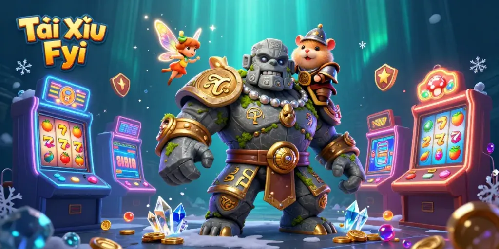 Tài Xỉu Fyi showcases a vibrant slots scene with a magical golem and fairy, perfect for casino lovers.