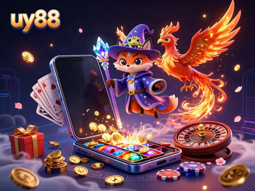 Experience the magic of uy88 with vibrant casino games and characters in a mystical 3D world.