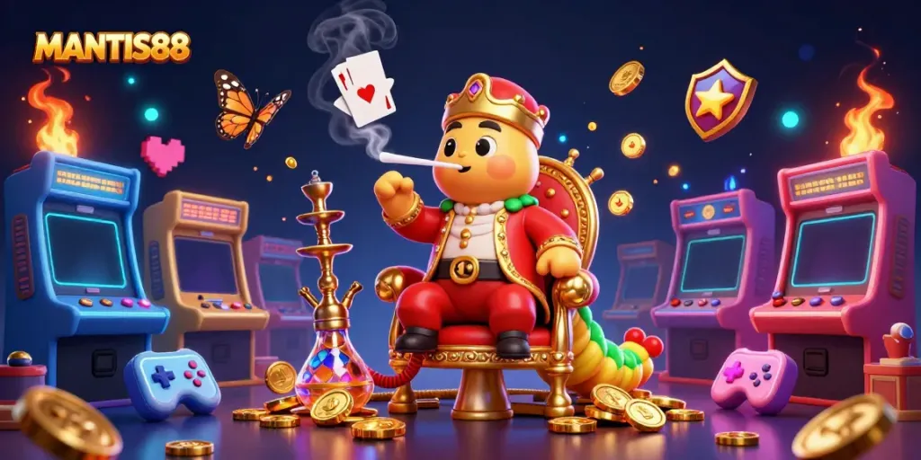 MANTIS88 delivers exciting gameplay with a vibrant 3D cartoon scene of a smoking caterpillar master and casino elements.