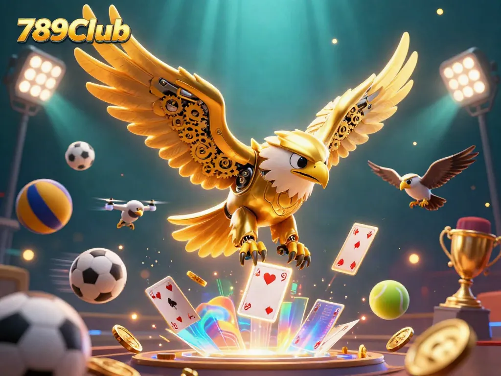 Engage in thrilling gameplay with 789Club's dynamic casino illustration featuring a golden eagle amidst sports elements.
