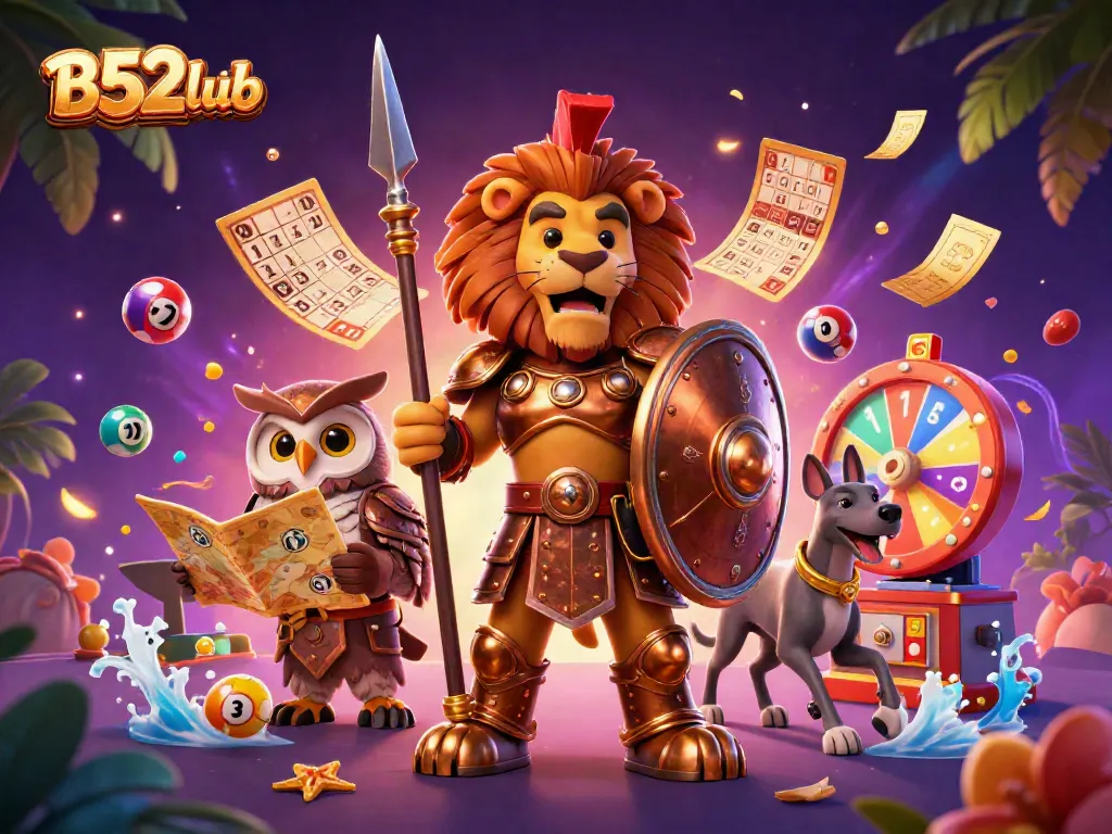 Engage with thrilling games at B52club featuring a Spartan lion, strategic owl, and swift greyhound in a vibrant casino setting.