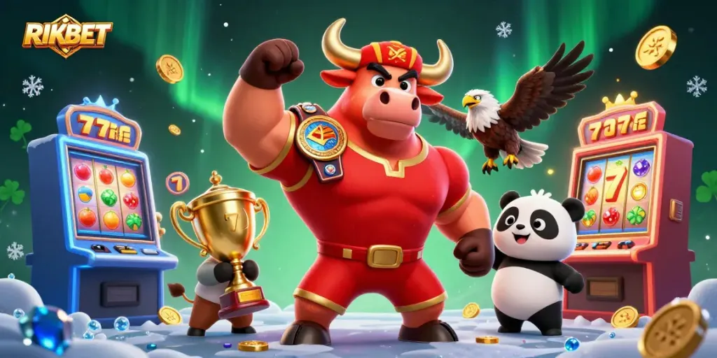 RIKBET showcases a victorious bull mascot, eagle, and panda in a lively casino atmosphere.