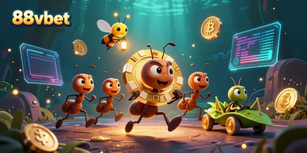 Experience the thrilling heist adventure at 88vbet with cartoon ants and sparkling gold.