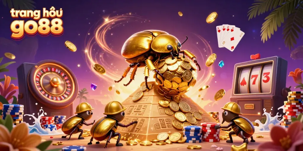 Experience winning moments at trang chủ go88 with the golden beetle icon rolling coins and vibrant casino elements.