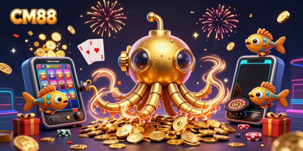 CM88 showcases a golden kraken submarine with mechanical fish amid a casino-themed celebration.