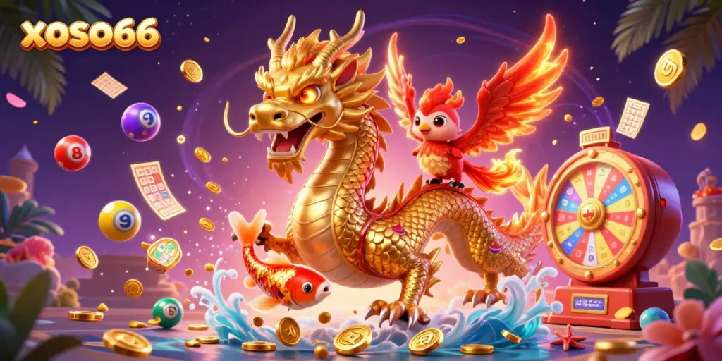 Experience thrilling gameplay with xoso66 as a fierce dragon and phoenix soar over dynamic lottery elements.