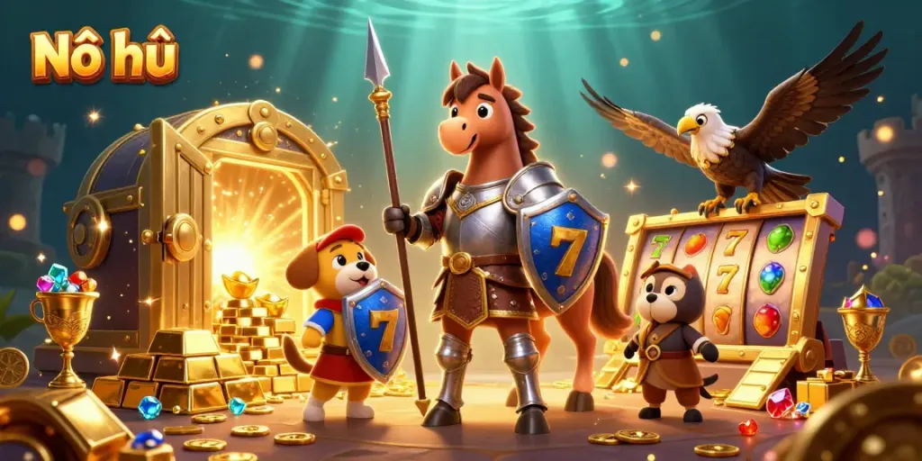 Nổ hũ gaming scene showcasing a knight, puppy, and falcon amidst treasures and slot reels