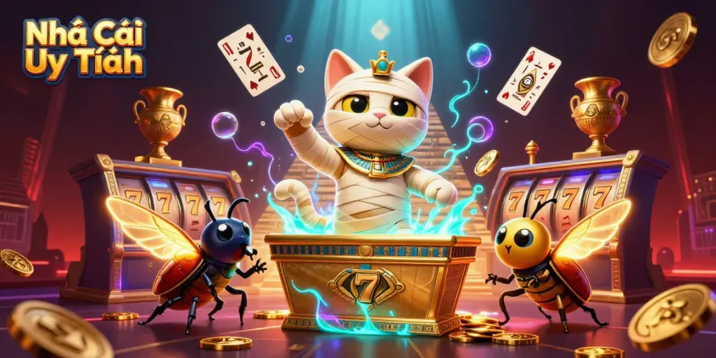 Experience excitement at Nhà Cái Uy Tín with a lively 3D casino scene featuring a mummy cat and golden treasures.