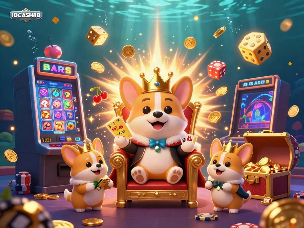 Experience the thrilling world of IDCASH88 with a vibrant 3D illustration capturing a royal corgi on a poker chip throne amid a jackpot explosion.