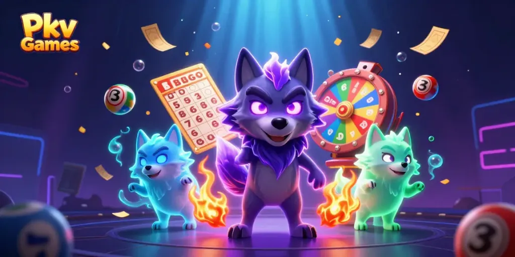 Engage in thrilling Pkv Games surrounded by mystical wolves, dynamic lottery elements, and vibrant visual effects.