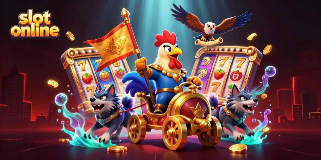 Engaging scene of a rooster warlord riding a chariot among dynamic slot online elements and gold coins.
