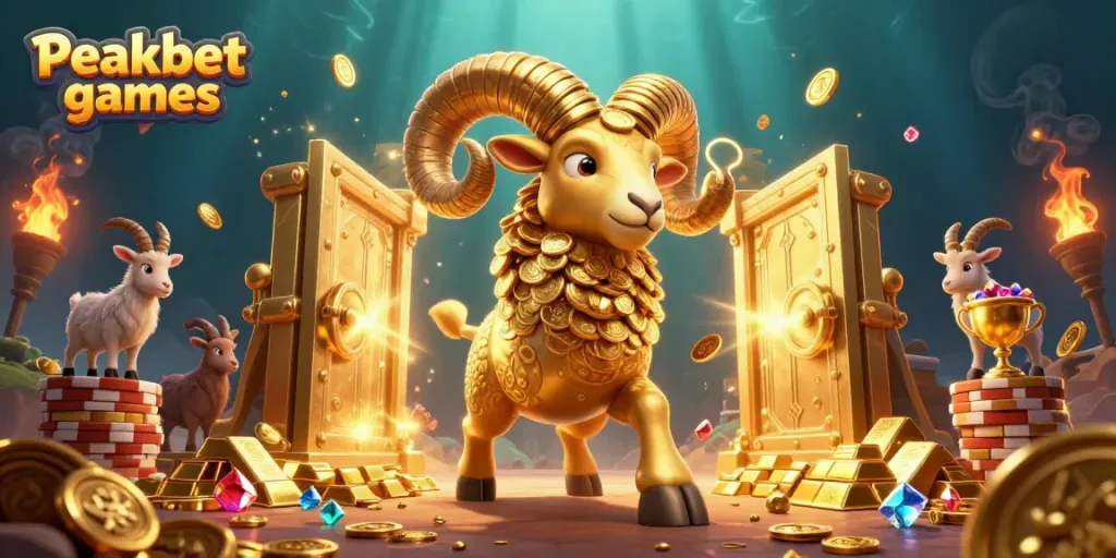 Experience the exciting world of Peakbet games with vibrant golden ram characters and treasures.