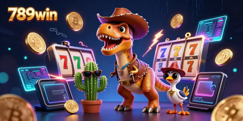Engage with thrilling slots and crypto action in this vibrant 789win casino illustration.