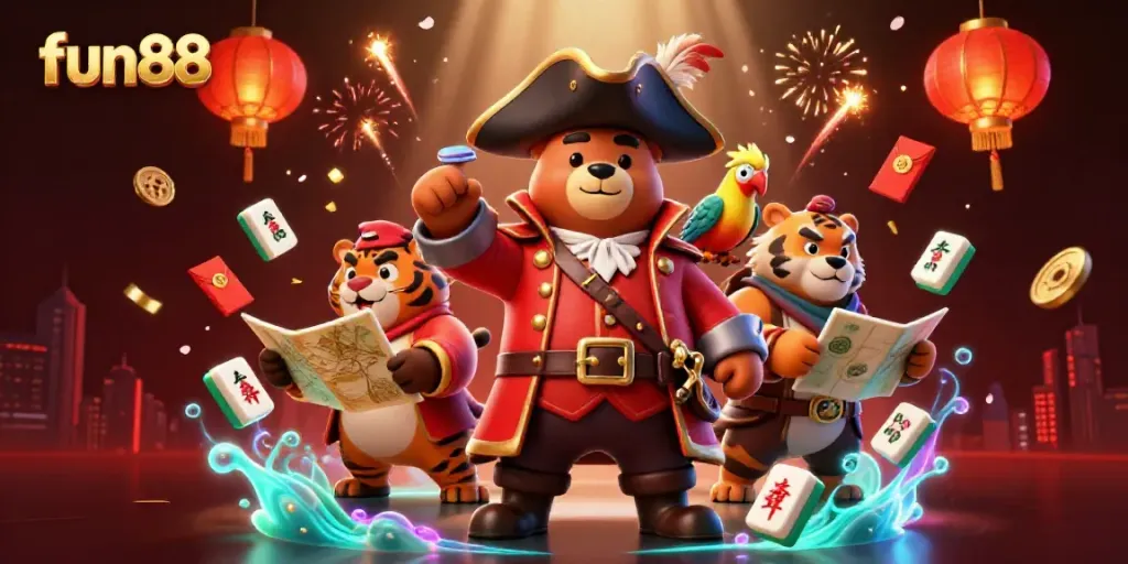 Experience fun88 with a vibrant illustration of a pirate captain bear, tiger, and parrot amid festive gaming elements.