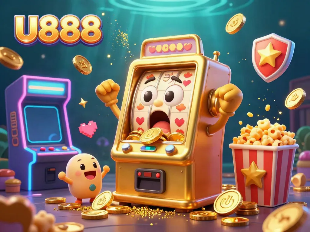 U888 slot machine celebrating a jackpot with coins, smaller machines cheering, and vibrant arcade elements.