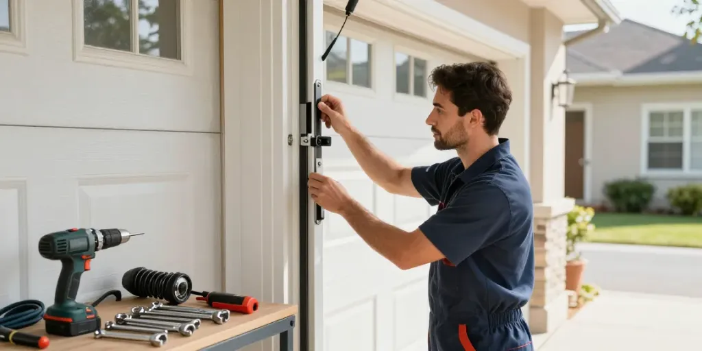 The garage door company technician repairing door mechanisms in a bright residential garage setting.