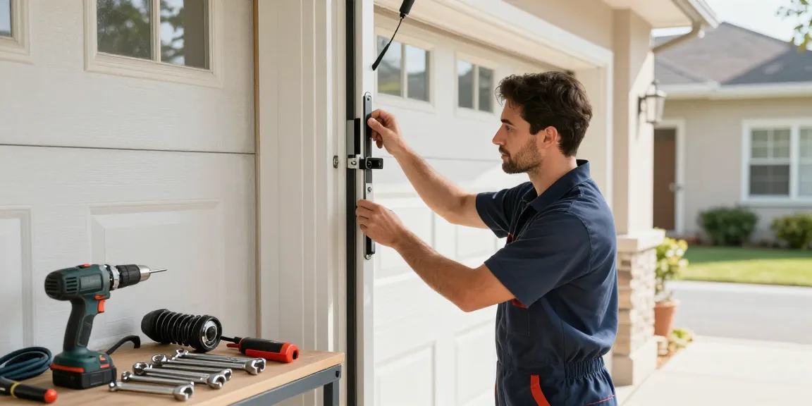 The garage door company technician repairing door mechanisms in a bright residential garage setting.