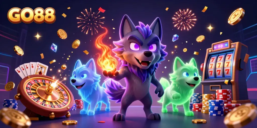 Engage with GO88's thrilling experience featuring dynamic 3D wolves, exciting casino elements, and vibrant energy.
