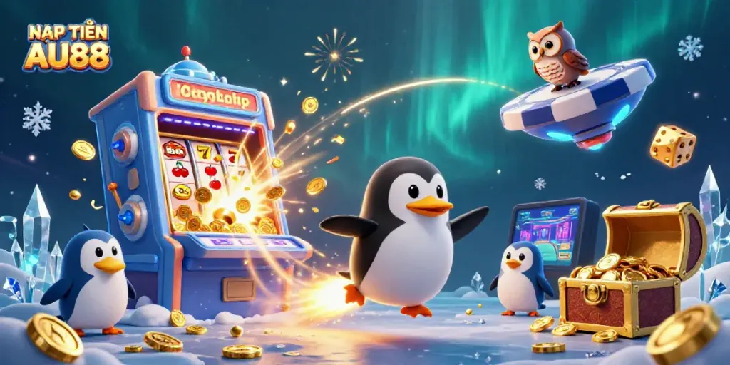 NẠP TIỀN AU88 with a golden penguin blasting through space, a casino station, and dynamic slot machine elements.