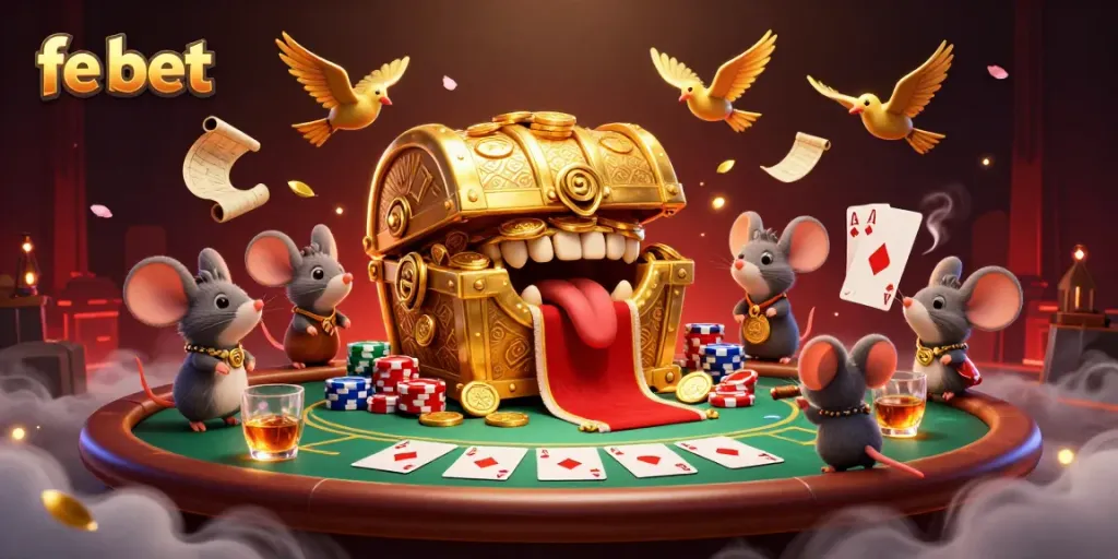 Exciting fe bet action in a 3D casino scene featuring a treasure chest and poker elements.
