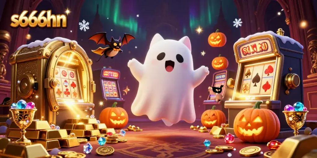 Engage in vibrant gaming with s666hn's spooky casino scene featuring a ghost cat, vampire bat, and glowing jack-o-lanterns.