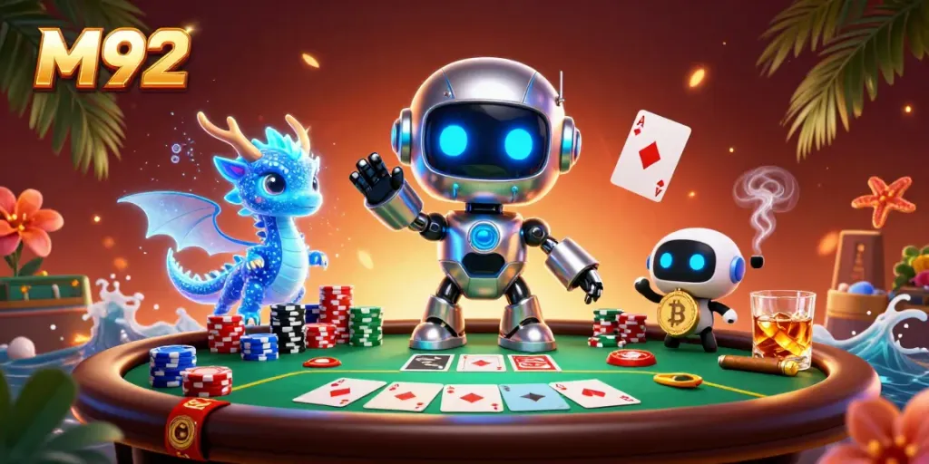M92 gambling scene with a cyberpunk robot, AI dragon, and drone assisting in poker gameplay