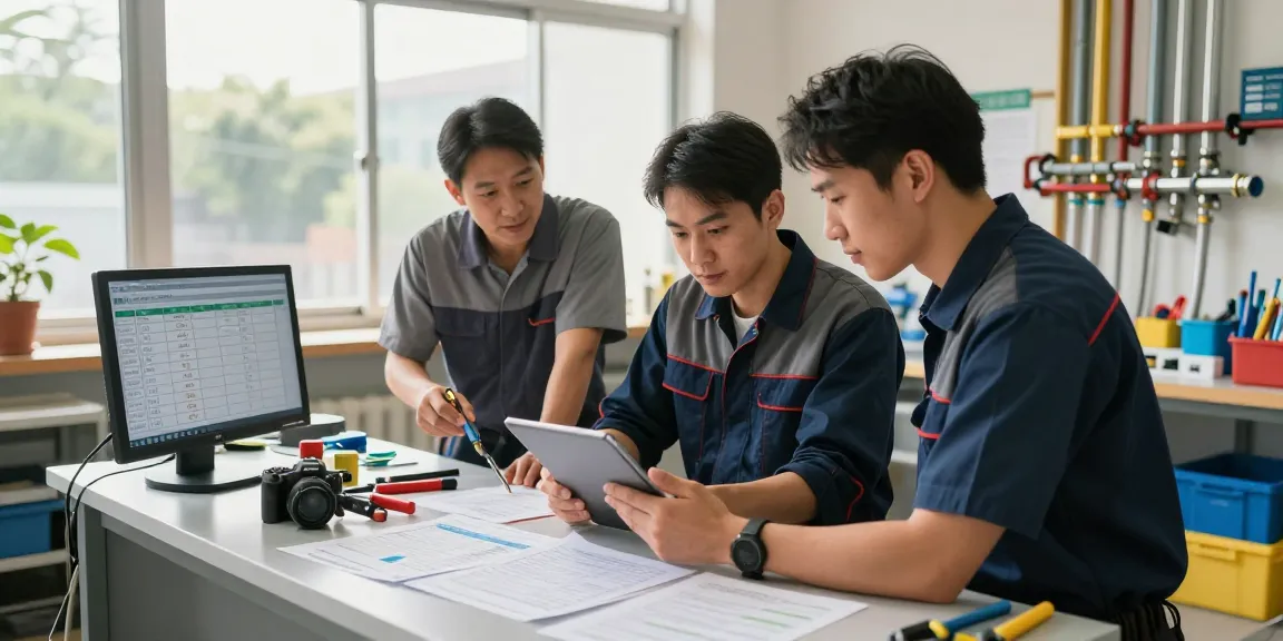 Plumbing Business Software streamlining teamwork in a modern workshop with plumbers collaborating on job estimates and plumbing tasks.