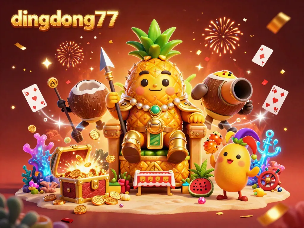 Experience thrilling fun at dingdong77 with a vibrant 3D casino scene featuring a golden pineapple king and his companions.
