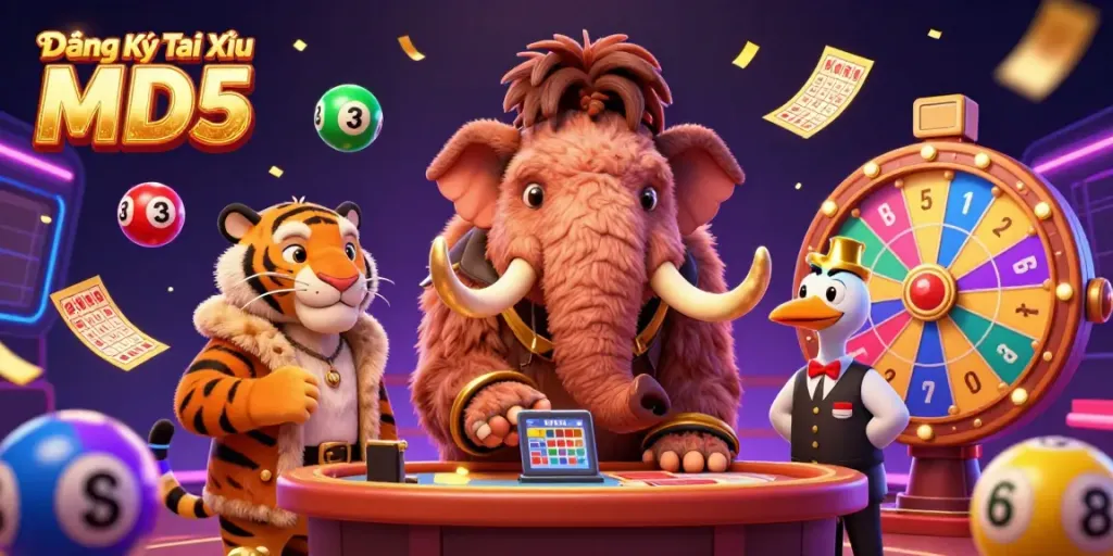 Engage in the excitement of Đăng Ký Tài Xỉu MD5 with a vibrant casino scene featuring colorful lottery elements surrounding mammoth bouncer and VIP guests.