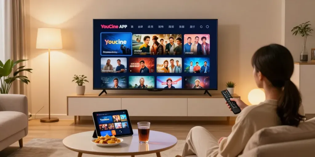 Usuário navegando pelo YouCine APK no TV inteligente, desfrutando de um ambiente de entretenimento aconchegante.