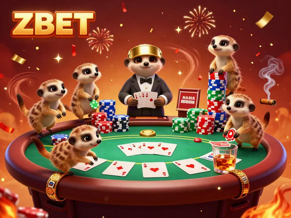 Meerkats running a ZBET casino operation, showcasing poker games with vibrant chip towers and confetti.