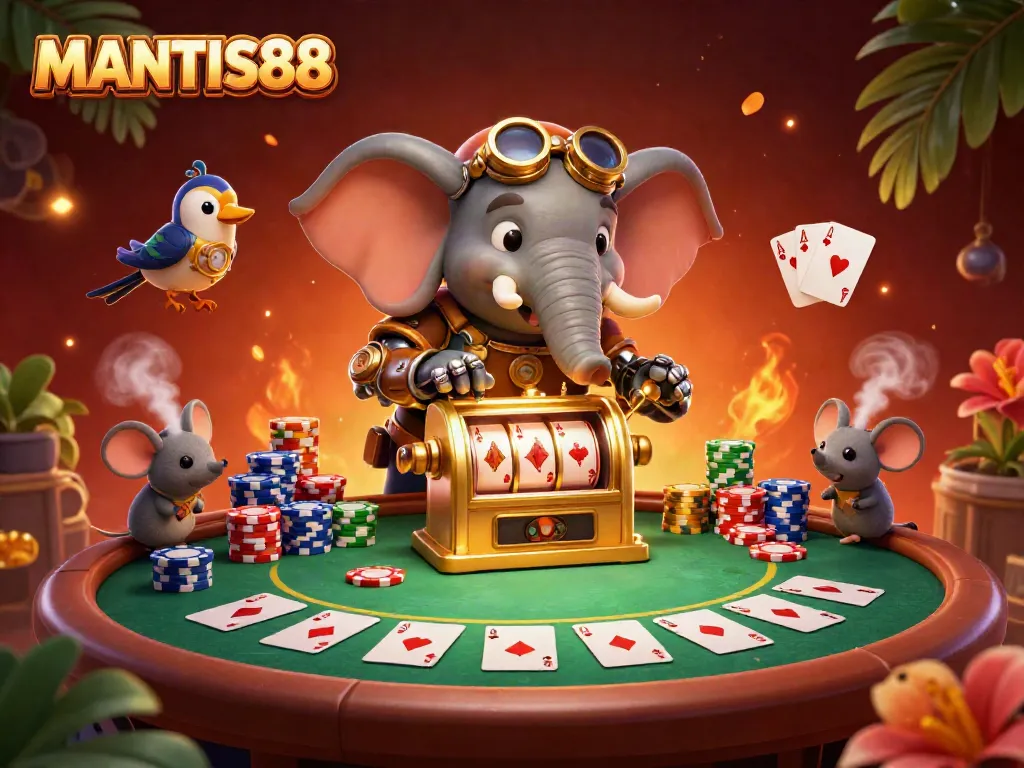 MANTIS88 showcases a lively steampunk scene with an elephant engineer operating a golden slot machine amid poker elements.