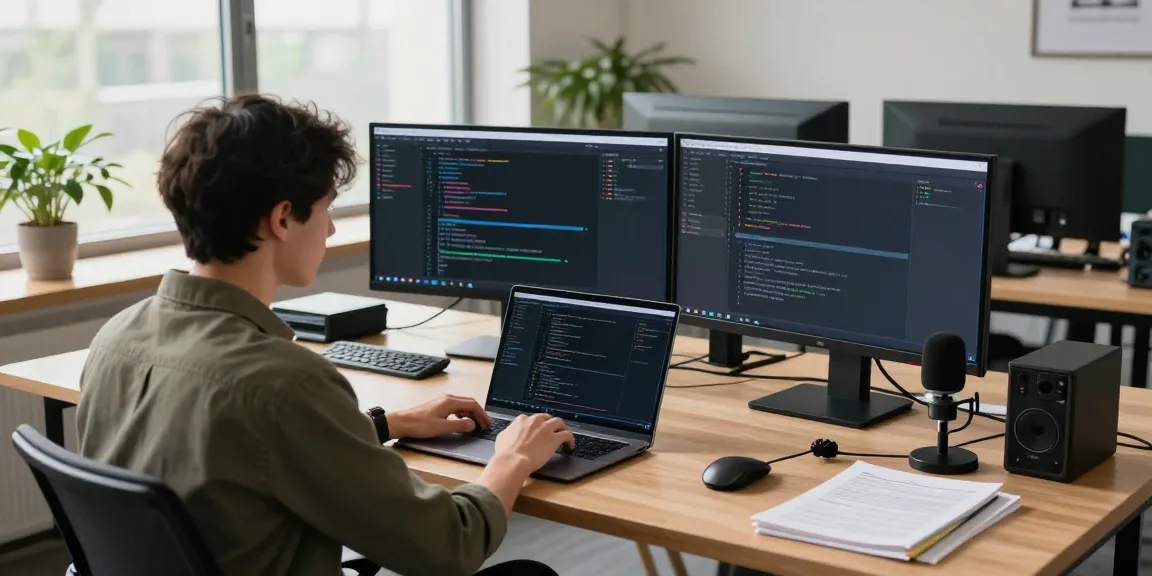 Developer managing VPS without ID in a modern office space, showcasing privacy-focused tech.
