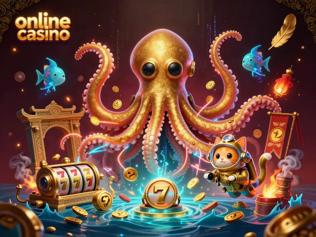 Engage with this captivating online casino scene, featuring a kraken and diving cat amidst golden slot reels.