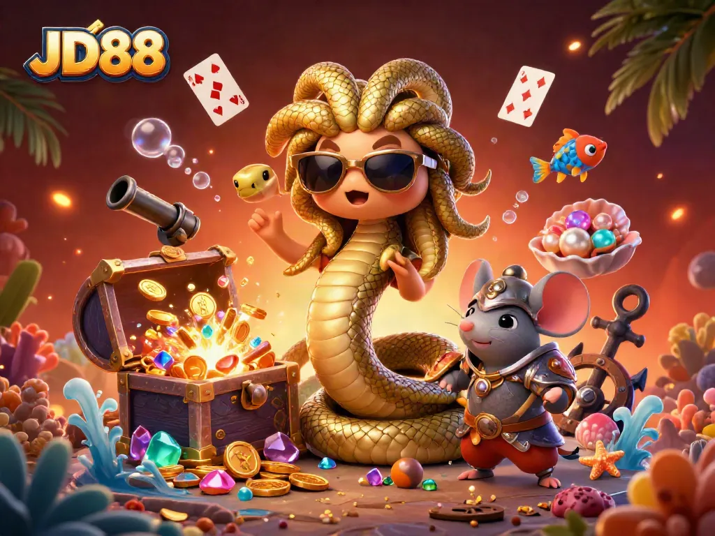 Engage with JD88's underwater treasures in a vibrant 3D illustrated casino scene.